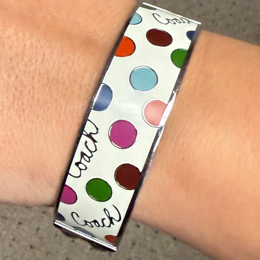 Coach Y2K White Enamel w/Multicolor Polka Dots Silver-Plated Bangle (7.5”D) NWOT